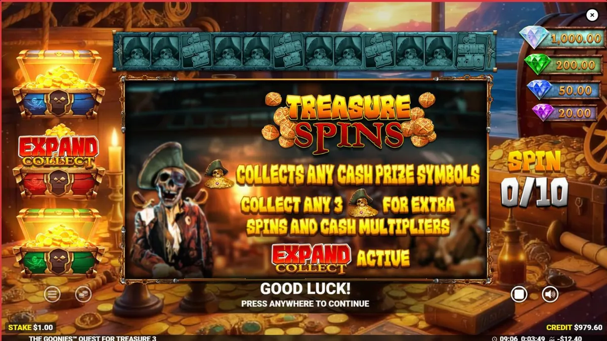 The Goonies Quest for Treasure 3 slot game interface na may pirate theme